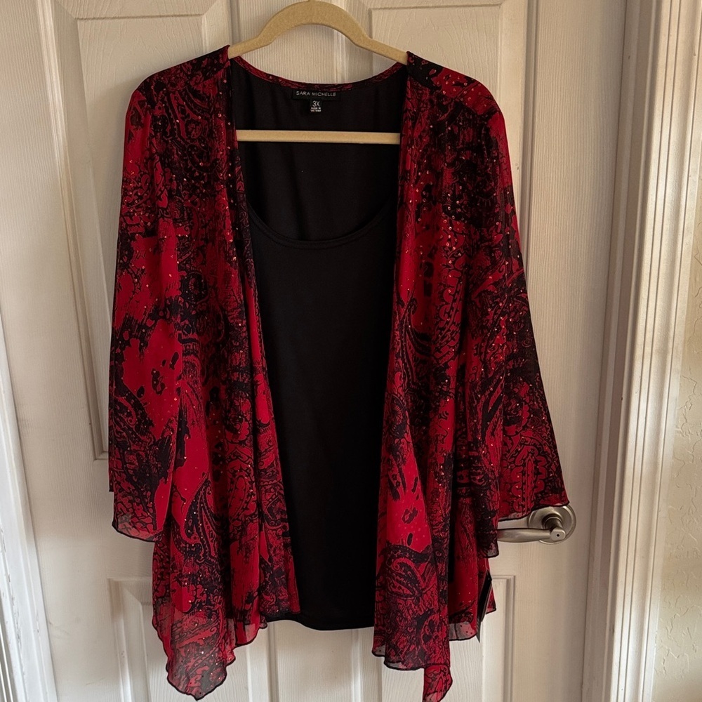 Sara Michelle NWT Red & Black 3X Plus Sheer Chiffon Overlay Top Sparkle